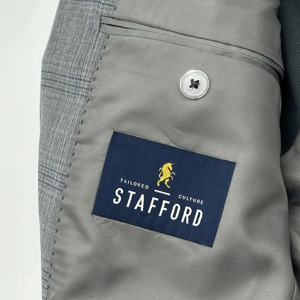 Stafford Cool Max Classic Fit Size 40R Gray Navy Plaid 2-Button Suit Jacket NWT
